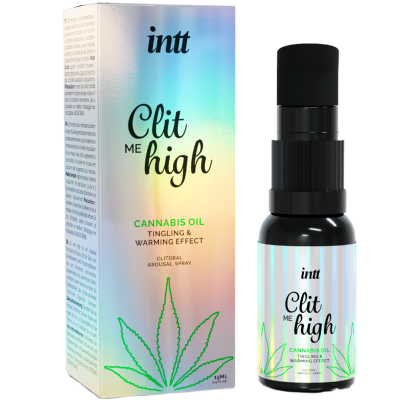 Frasco e embalagem de spray Clit Me High com óleo de cannabis para estimulação clitoriana.