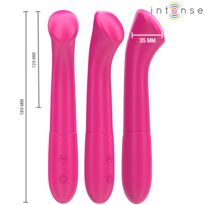 Imagem de vibrador rosa com dimensões e botões visíveis