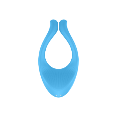 Objeto azul em forma de U com textura e pequenos orifícios sobre fundo branco