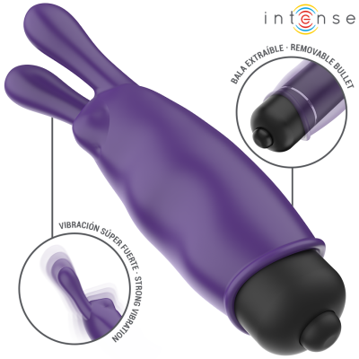 Vibrador roxo com dois apêndices e bala vibratória removível