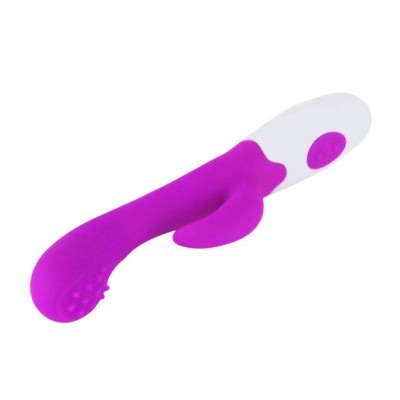 Vibrador roxo e branco com botão roxo e forma ergonómica