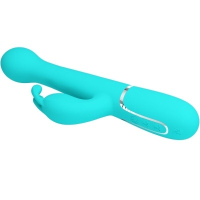 Vibrador azul turquesa com duas pontas e botões