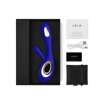 Conjunto de vibrador LELO azul com acessórios numa caixa preta