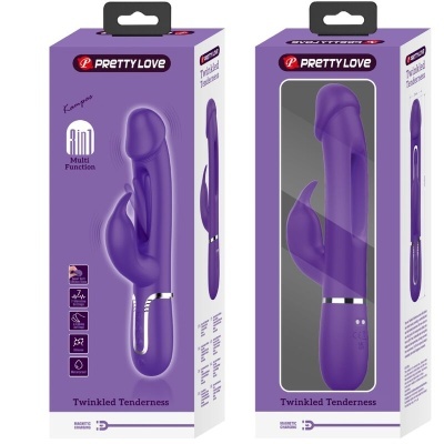 Vibrador roxo Pretty Love Twinkled Tenderness em caixa roxa com texto e janela transparente