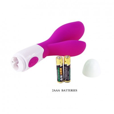 Vibrador rosa choque em silicone com base branca, botões, pilhas AAA e tampa