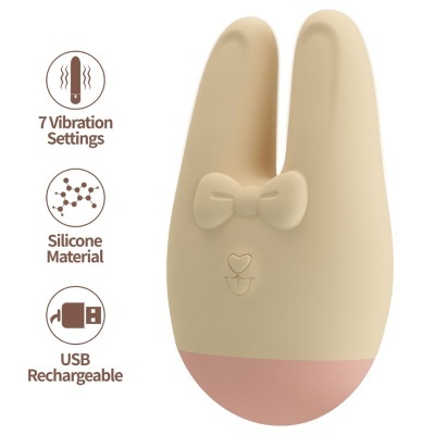Vibrador de silicone bege com laço, base rosa, recarregável por USB e 7 definições de vibração
