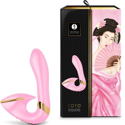 Vibrador cor-de-rosa com detalhes dourados e caixa decorativa com imagem de mulher japonesa