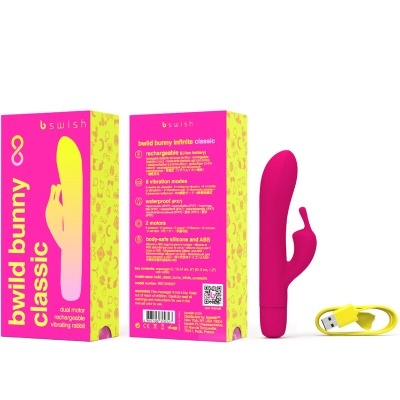 Vibrador rosa com USB amarelo e caixa rosa e amarela bswish bwild bunny classic