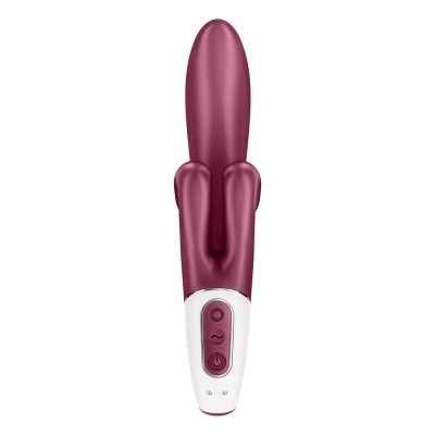 Vibrador roxo com duas pontas e base branca com botões