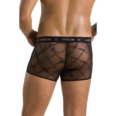 Boxer masculino transparente preto com padrão e cós com texto 'PASSION'