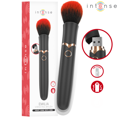 Escova vibratória preta com cerdas vermelhas e pretas e embalagem da marca intense