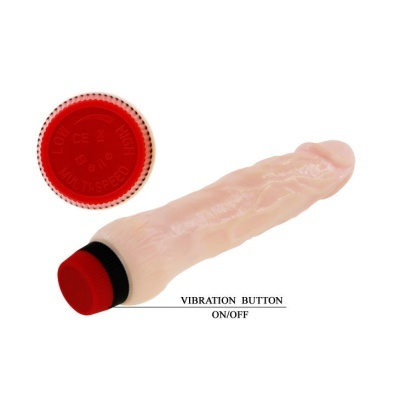 Vibrador em forma de falo com botão vermelho e faixa preta