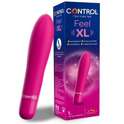 Vibrador rosa e embalagem azul e rosa CONTROL Feel XL