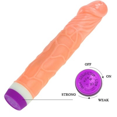 Vibrador cor de pele com base roxa e botão giratório em fundo branco