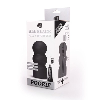 Caixa branca com masturbador masculino preto POOKIE da ALL BLACK e lubrificante