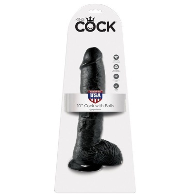 Dildo preto detalhado com embalagem branca e texto KING COCK
