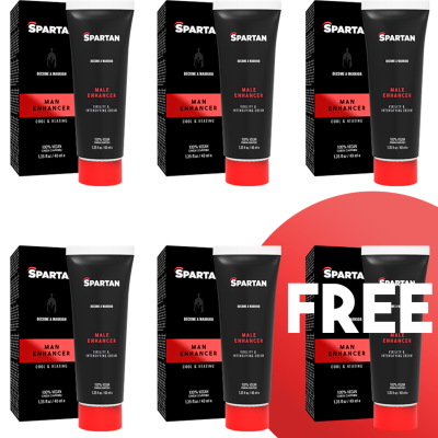 Seis tubos e caixas pretas e vermelhas de creme Spartan Male Enhancer com texto FREE em círculo vermelho