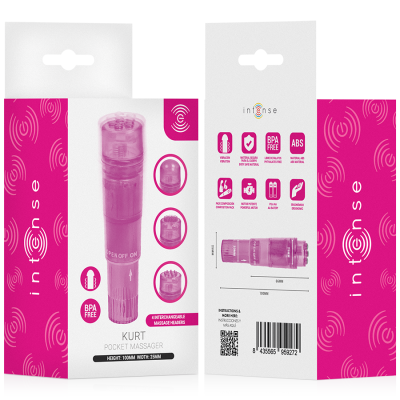 Embalagem de massageador de bolso rosa com cabeças intercambiáveis e texto KURT POCKET MASSAGER