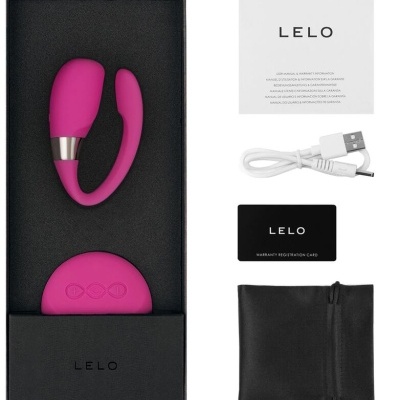 Produto vibrador cor-de-rosa LELO com acessórios, cabos e manual