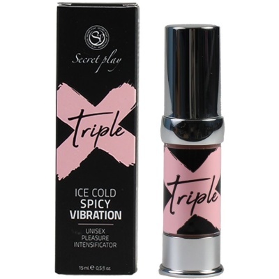 Frasco e caixa de produto 'Secret Play triple' em preto e rosa, com texto 'ICE COLD SPICY VIBRATION' e 15 ml.