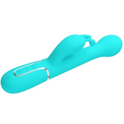 Vibrador azul turquesa com botão de controlo e design ergonómico