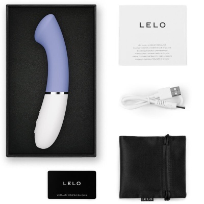 Vibrador lilás e branco LELO com acessórios numa caixa preta