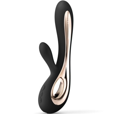 Vibrador preto e dourado com design anatómico e botões de controlo