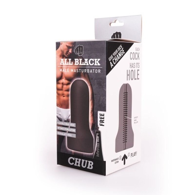 Embalagem de produto masculino ALL BLACK MALE MASTURBATOR CHUB com imagem de torso e textos em inglês
