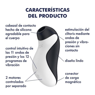 Dispositivo ergonómico branco e preto com texto descritivo sobre suas características em espanhol