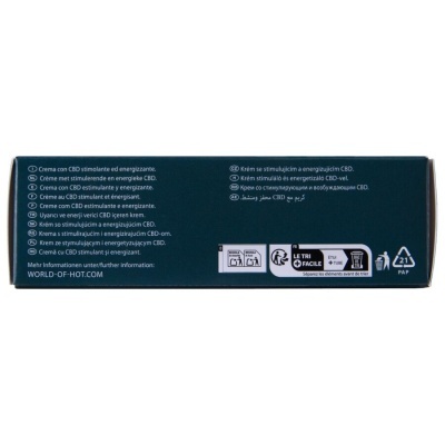 Embalagem azul escuro de creme com informações multilíngues e símbolos de reciclagem