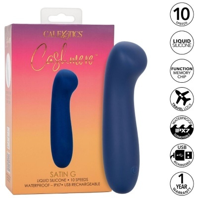 Vibrador azul escuro com embalagem cor de rosa e laranja e ícones de funcionalidades