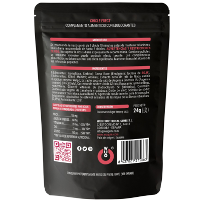 Embalagem preta de suplemento alimentar CHICLE ERECT com texto em espanhol e código de barras