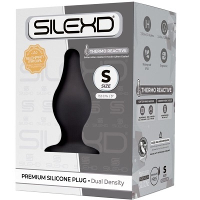 Embalagem de plug de silicone preto SILEXD tamanho S com texto e informações técnicas