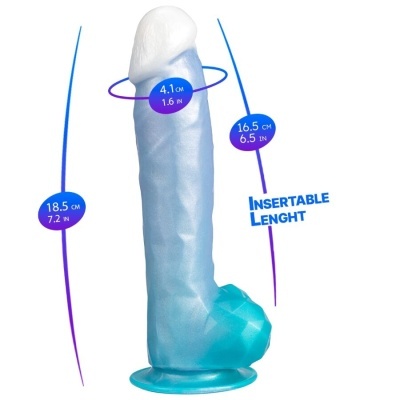 Dildo azul translúcido com medidas e texto INSERTABLE LENGHT.