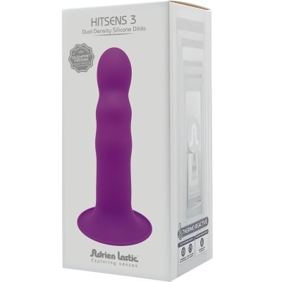 Caixa de dildo de silicone roxo com três saliências e base larga