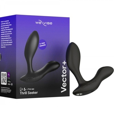 Produto sexual We-Vibe Vector+ preto com embalagem roxa