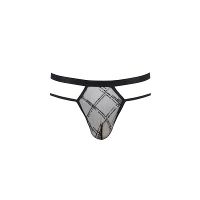 Cueca masculina de renda preta com padrão xadrez e tiras laterais