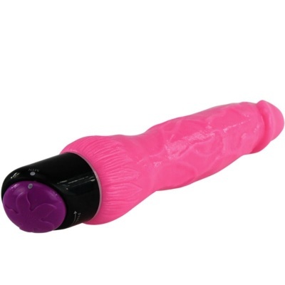 vibrador rosa com base preta e botão roxo