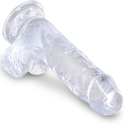 Dildo transparente com textura detalhada, em fundo branco