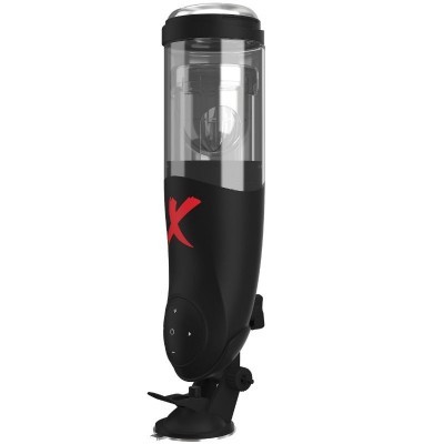 Dispensador automático preto com reservatório transparente e ventosa de fixação.