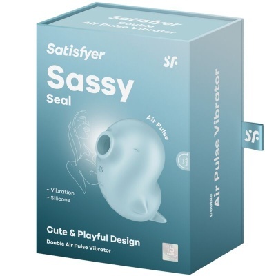 Embalagem azul claro do vibrador Satisfyer Sassy Seal com texto e imagem do produto