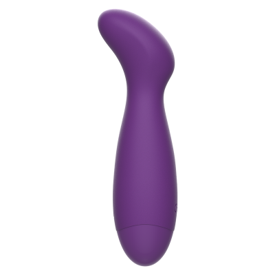 vibrador roxo curvado com superfície lisa em fundo branco