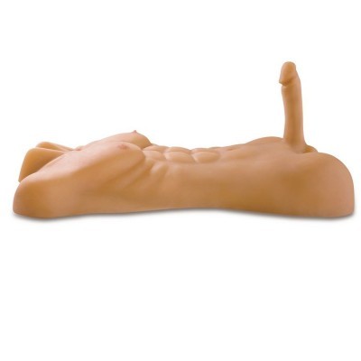 Modelo de abdómen masculino com pênis, feito em silicone, em fundo branco