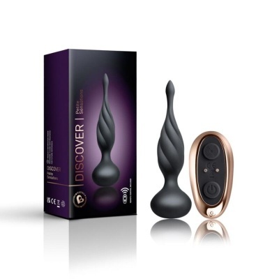 Produto sexual de silicone preto com controle remoto e caixa