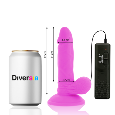 Dildo vibratório cor-de-rosa com controlo preto e lata branca com texto Diversia.