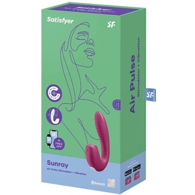 Caixa de estimulador Satisfyer Air Pulse Sunray vinho em fundo verde e azul
