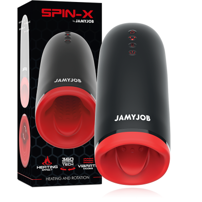 Dispositivo masculino JAMYJOB SPIN-X preto e vermelho com embalagem