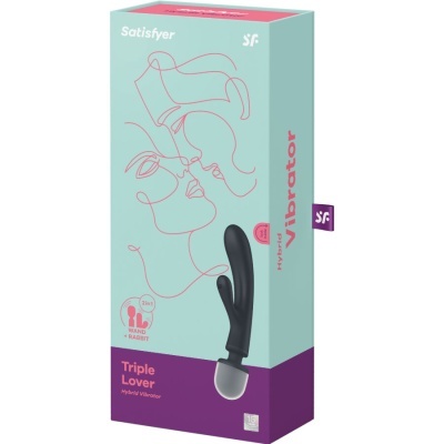 Embalagem de vibrador Triple Lover da marca Satisfyer em tons de azul e roxo com desenho minimalista rosa