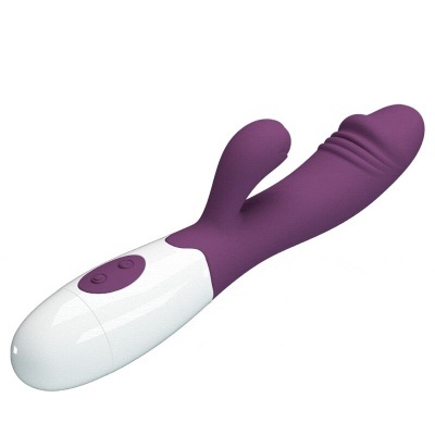 Vibrador roxo com base branca e botão de controlo