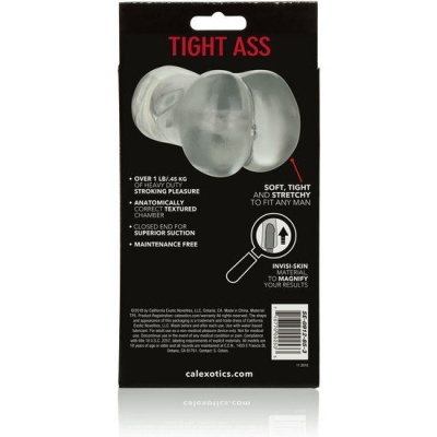 Embalagem preta de produto transparente chamado TIGHT ASS com texto em inglês